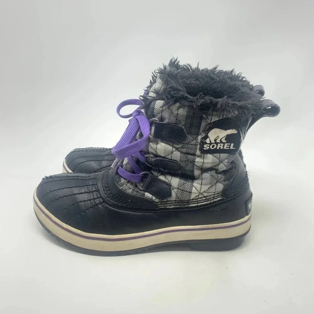 Sorel Tivoli II Leather Plaid Lace-Up Snow Boots‎ Black Gray Purple Size US 5